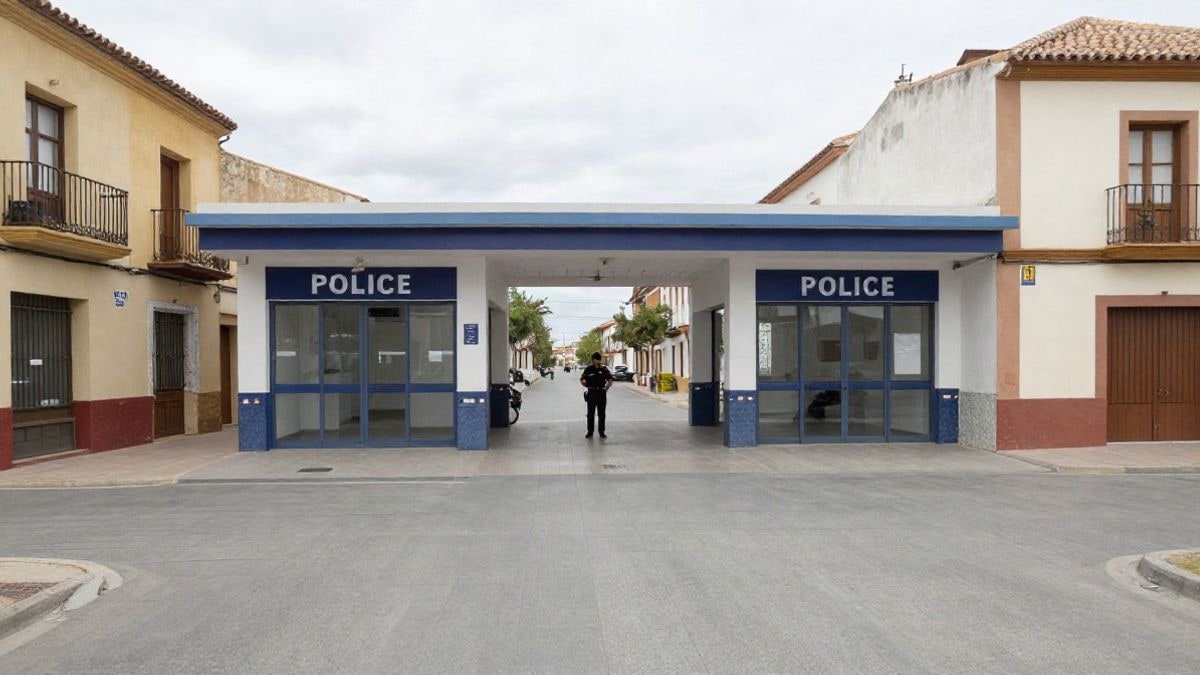 Imagen ilustrativa: entrada de una comisaría de policía local en una calle española con un agente al fondo
