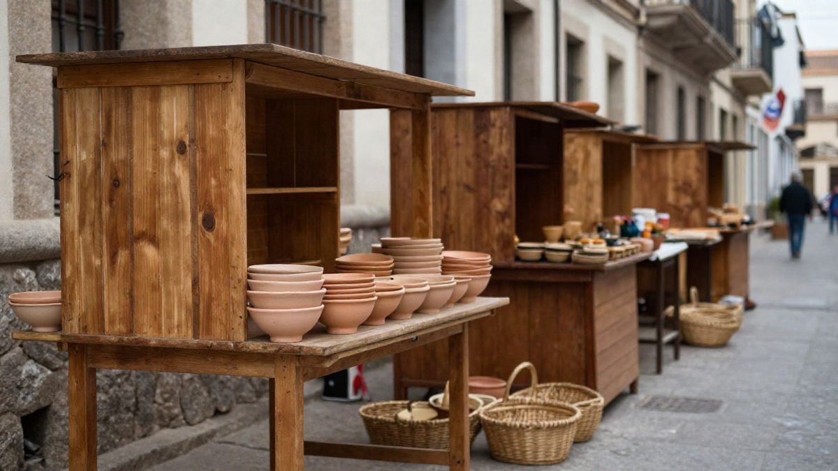 Imagen ilustrativa: puestos de artesanía vacíos en una calle estrecha de casco antiguo, con cerámica y cestas de mimbre sobre una mesa