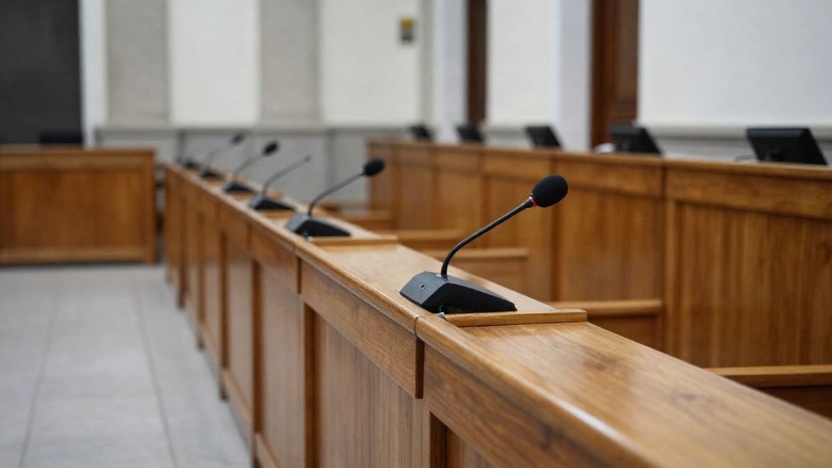 Imagen ilustrativa: sala de plenos municipal vacía con escaños y micrófonos, sin personas