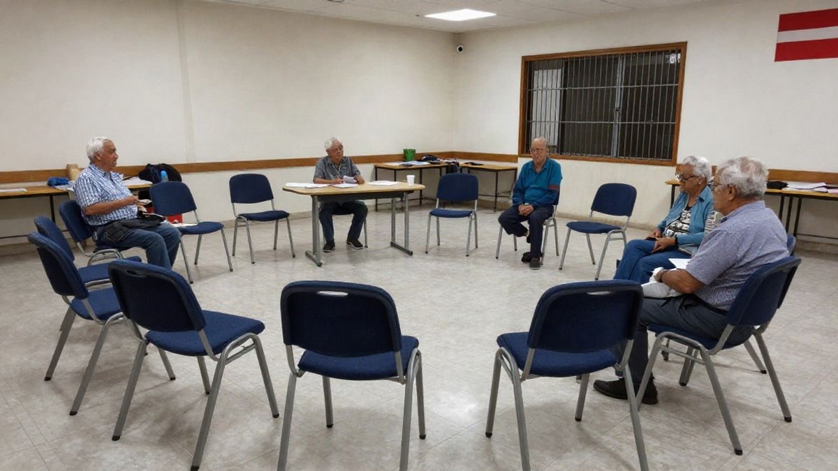 Imagen ilustrativa: sala de actividades para gente mayor con sillas vacías en círculo y una mesa con documentos.