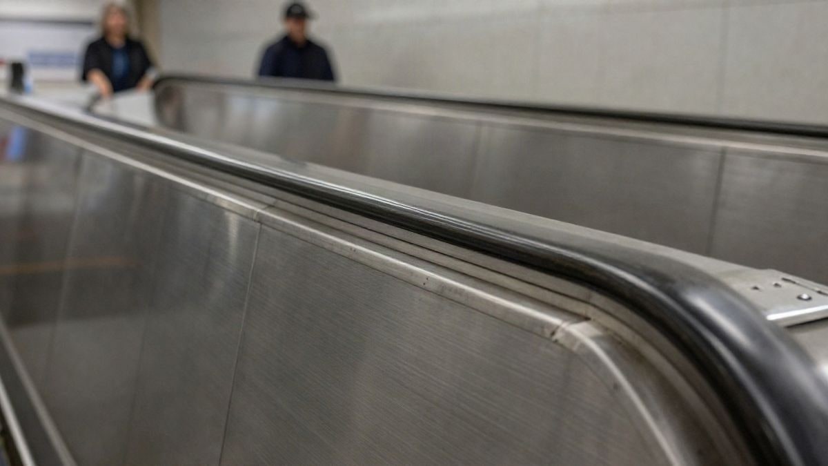 Imagen ilustrativa: detalle de una barandilla metálica en el pasillo de una estación de metro