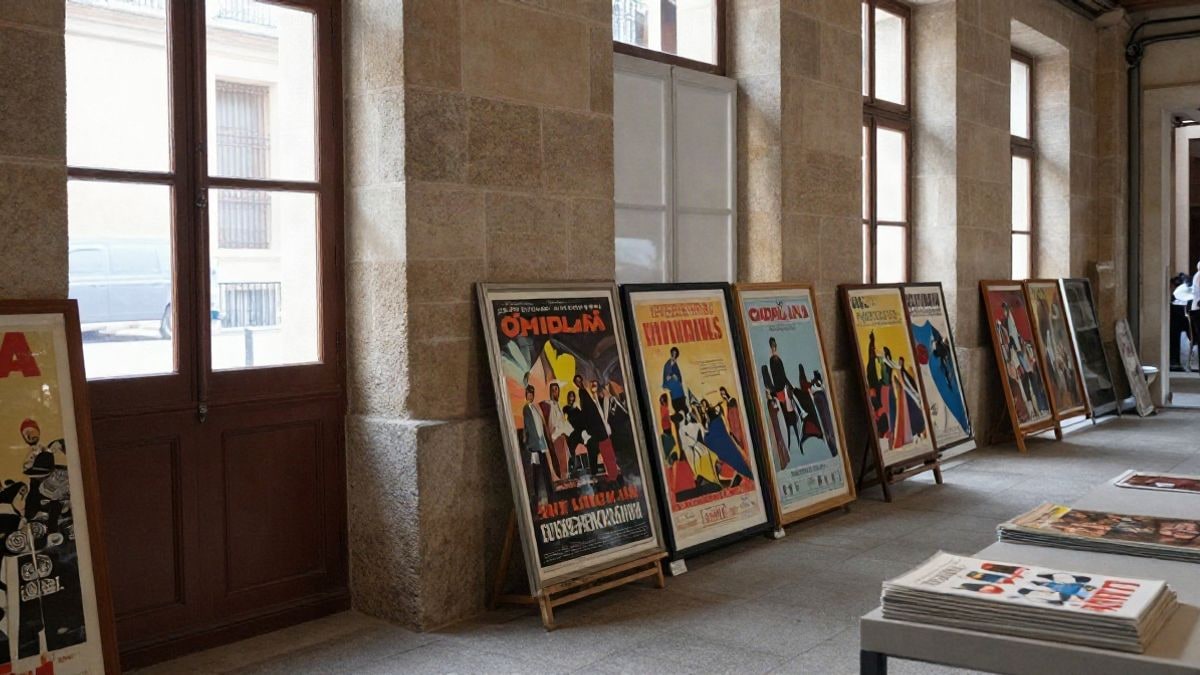 Imagen ilustrativa: carteles enmarcados apoyados en una pared de piedra junto a caballetes en un patio de museo