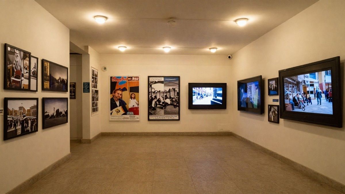 Imagen ilustrativa: sala de exposiciones de una biblioteca con fotografías y carteles en las paredes, iluminada con luz artificial