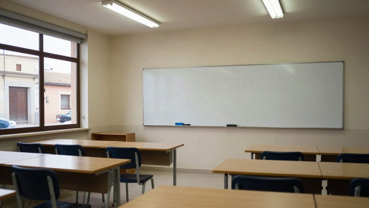 Imagen ilustrativa: aula de formación para adultos con pupitres vacíos y luz artificial