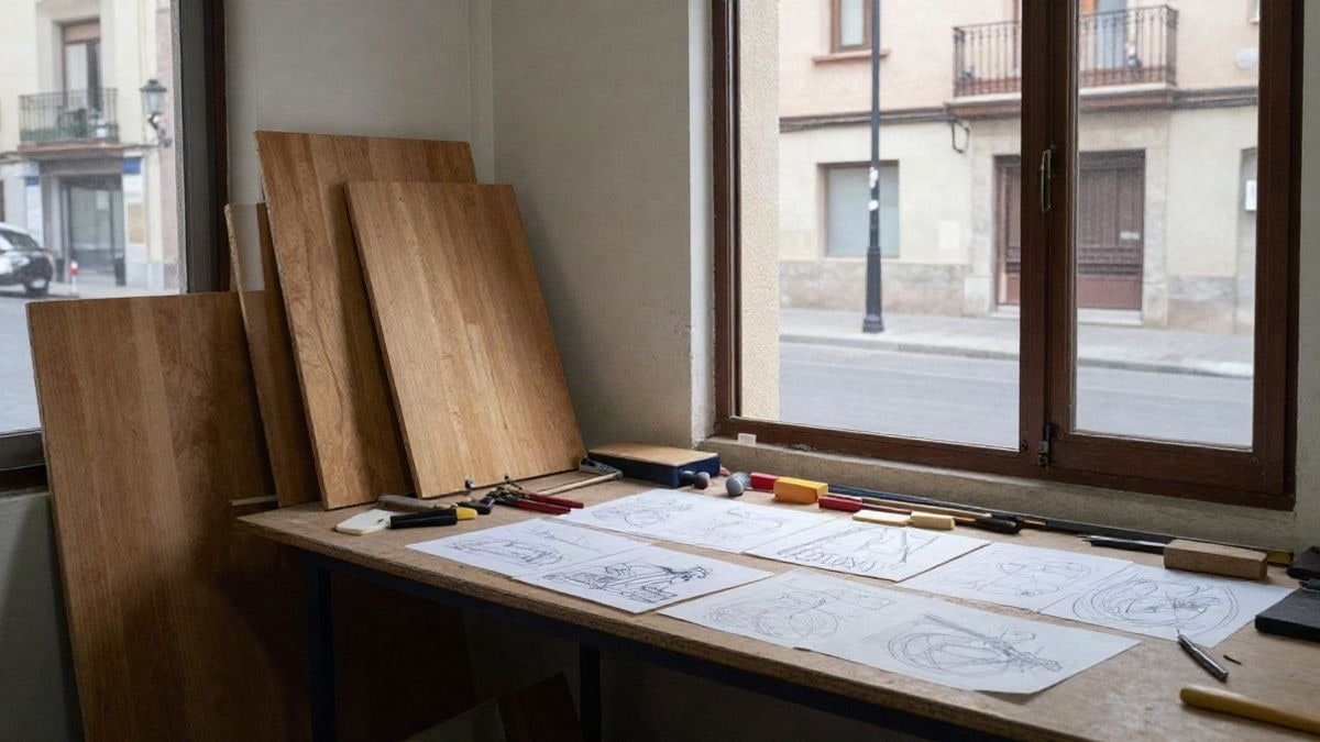 Imagen ilustrativa: taller de arte y diseño con tablas de madera y herramientas sobre una mesa junto a una ventana