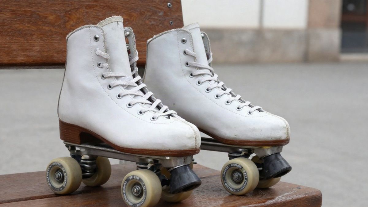 Imagen ilustrativa: primeros planos de unos patines de ruedas blancos sobre un banco de madera junto a una pista