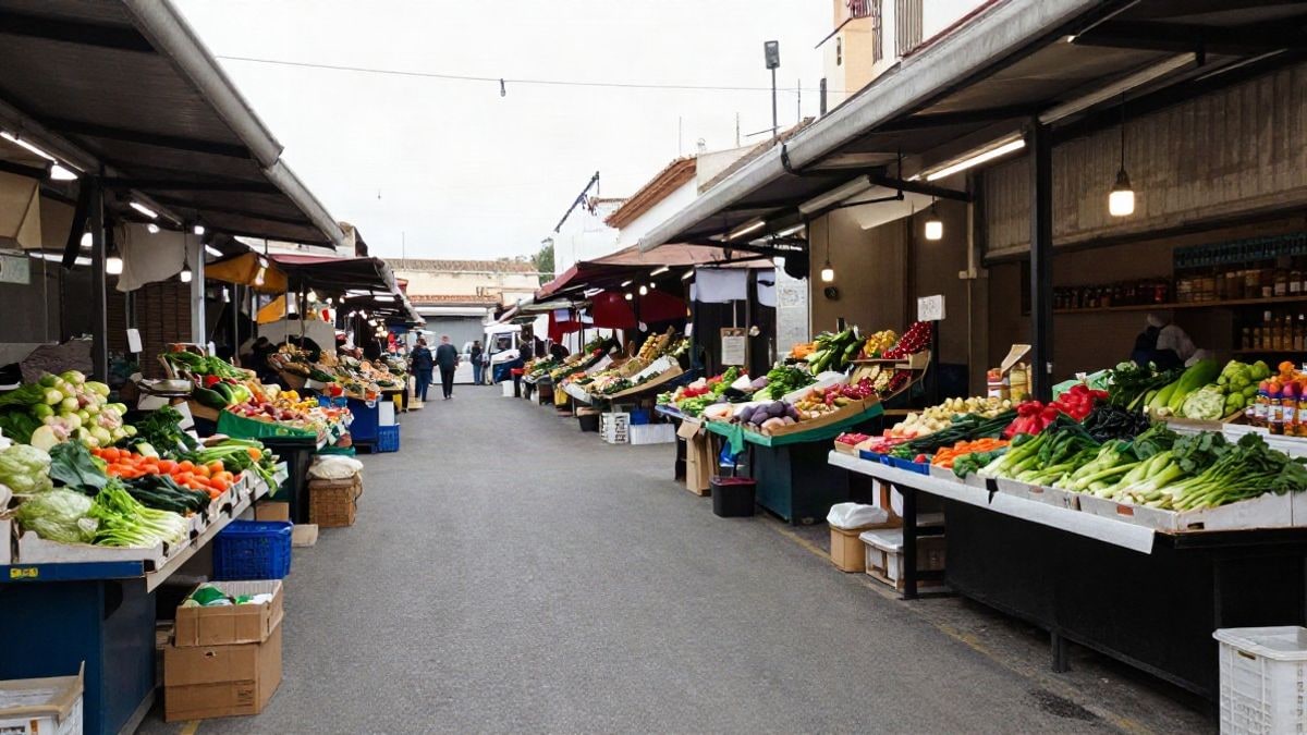 Imagen ilustrativa: puesto de mercado mediterráneo con productos locales y líneas de paradas vacías