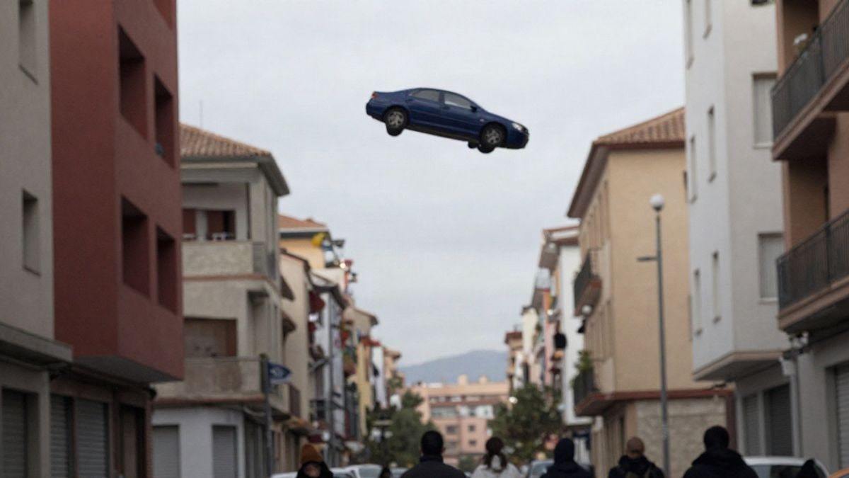 Imagen ilustrativa: un helicóptero sobrevuela a baja altura una calle de Barcelona entre edificios