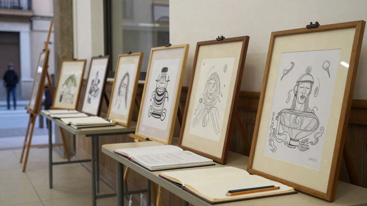 Imagen ilustrativa: obras enmarcadas y cuadernos de dibujo en una sala de exposiciones de un centro cívico