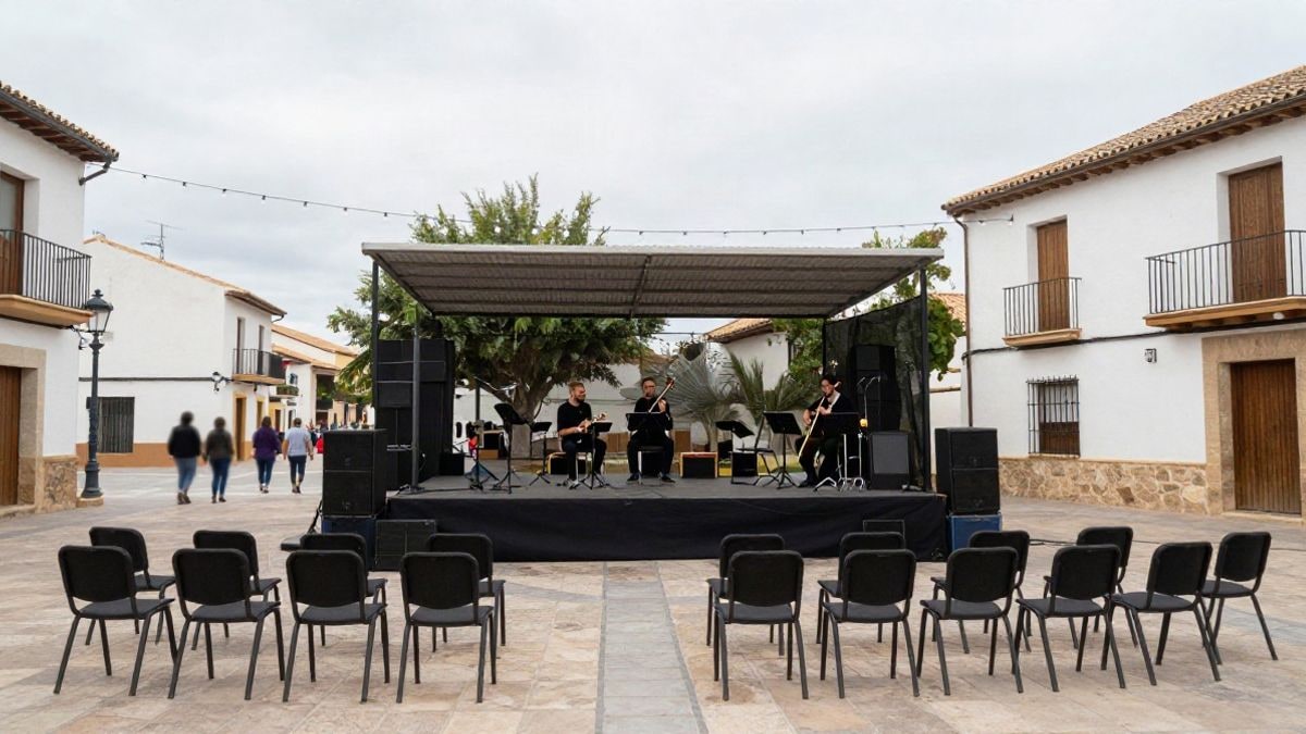 Imagen ilustrativa: escenario al aire libre con instrumentos y sillas vacías para un concierto solidario