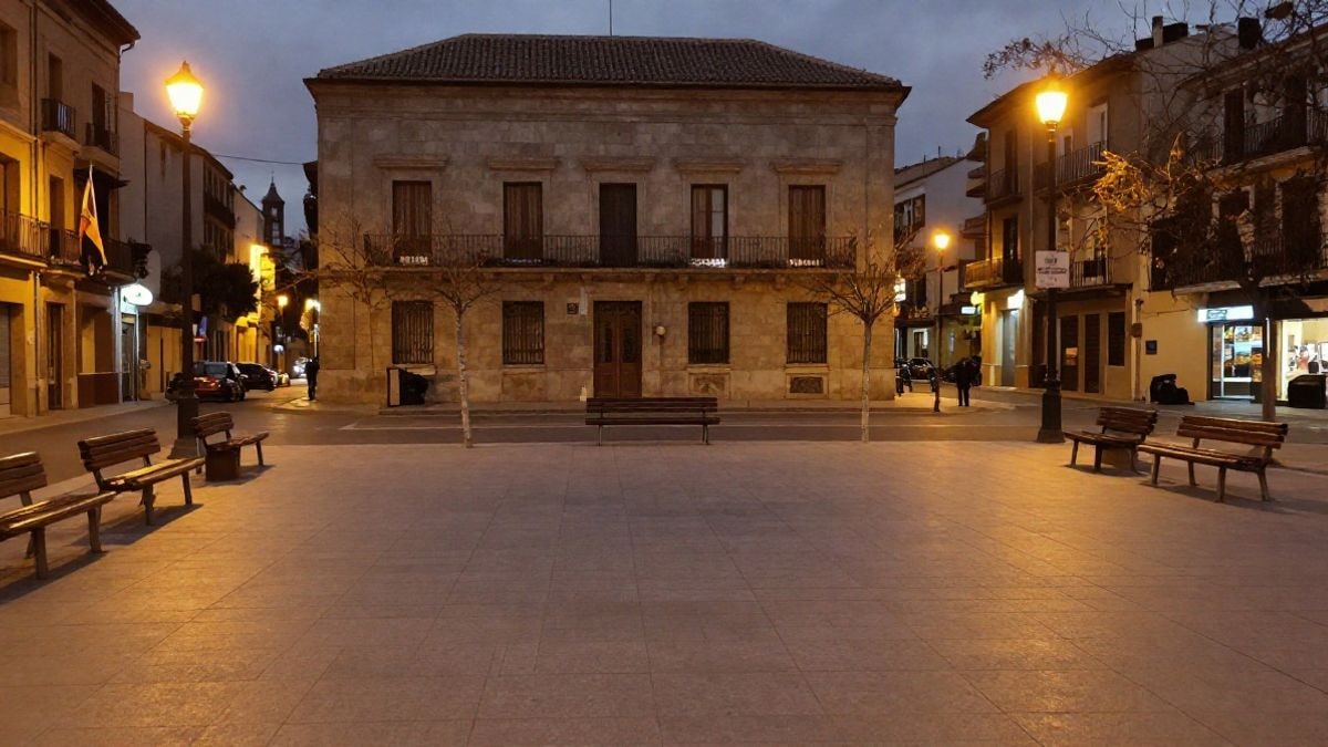 Imagen ilustrativa: una plaza pública de noche iluminada por farolas y con bancos vacíos