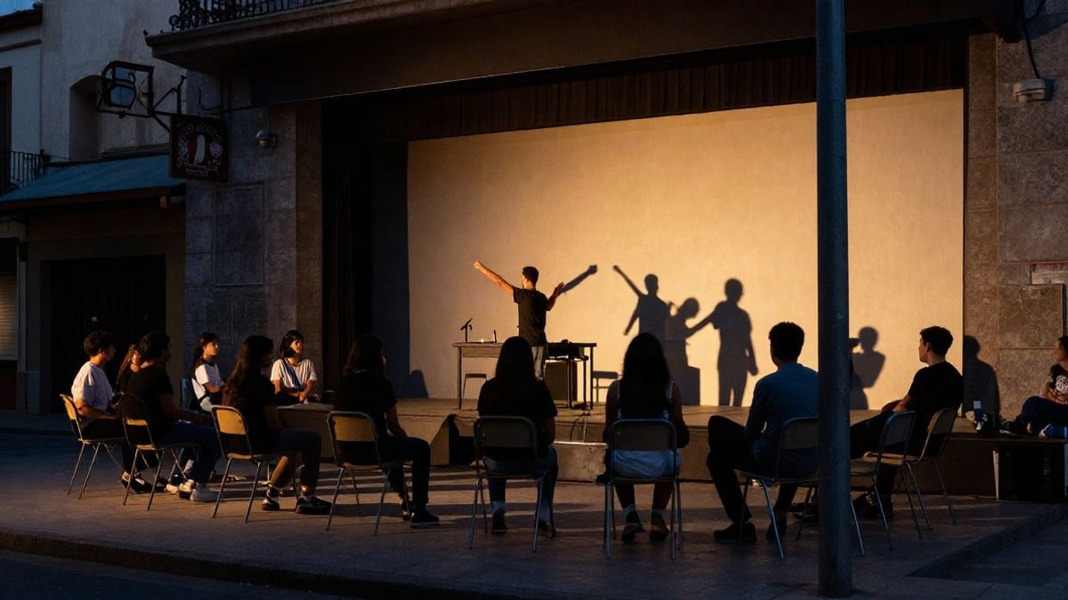 Imagen ilustrativa: jóvenes ensayando teatro en un centro cívico con luz de atardecer