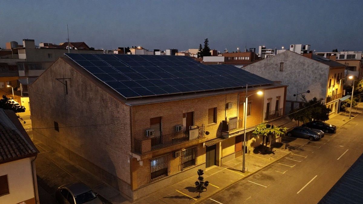 Imagen ilustrativa: cubierta de un edificio residencial con placas solares y un aparcamiento urbano iluminado por farolas