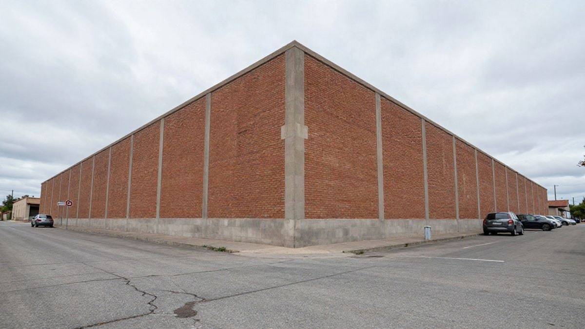 Imagen ilustrativa: fachada de nave industrial vista desde el suelo con cielo nublado