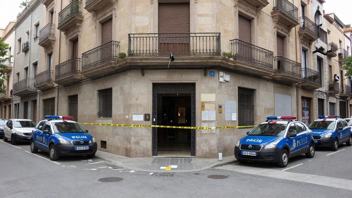 Imagen ilustrativa: entrada de un edificio de viviendas precintada con cinta policial y coches de policía aparcados delante.