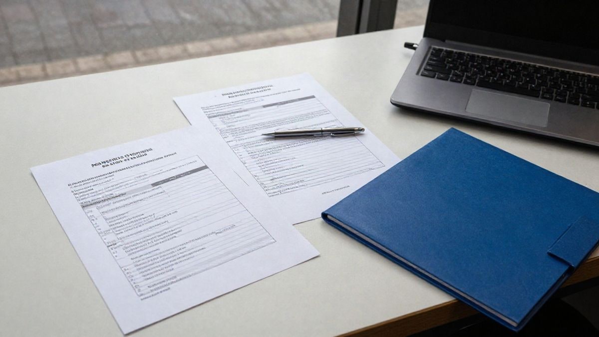 Imagen ilustrativa: vista cenital de una mesa de oficina con formularios de solicitud y un ordenador portátil