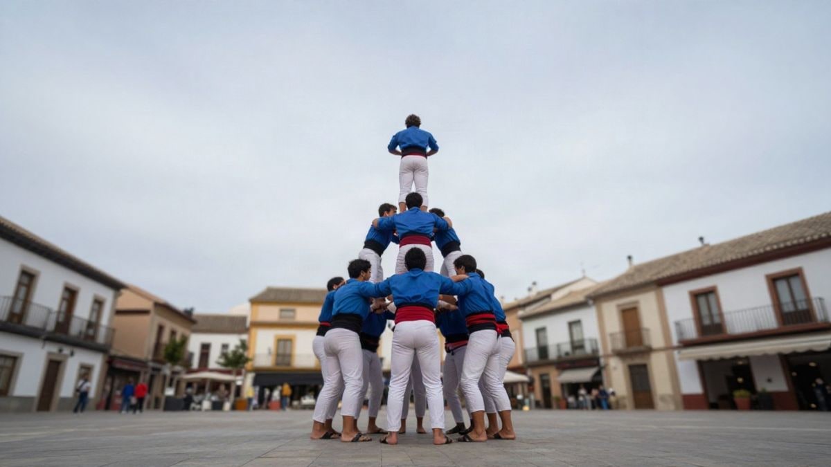 Imagen ilustrativa: ángulo bajo de un grupo de castellers formando una torre humana en una plaza, vistos de espaldas y desenfocados