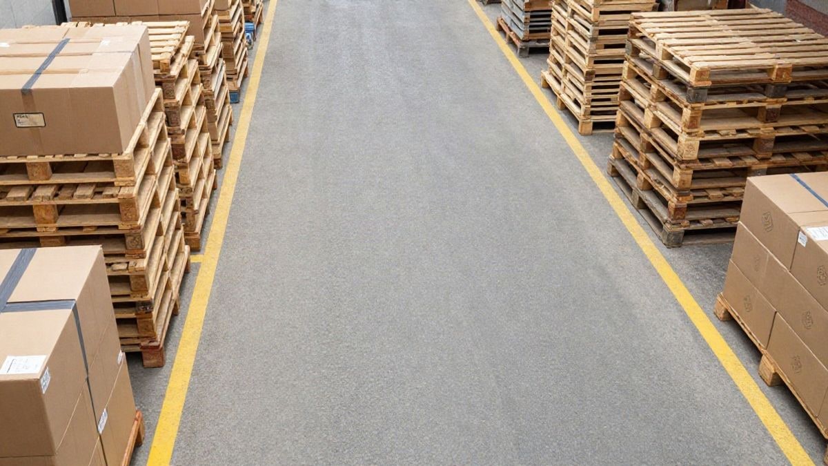 Imagen ilustrativa: vista cenital de un almacén con palés de madera y pasillos señalizados en el suelo