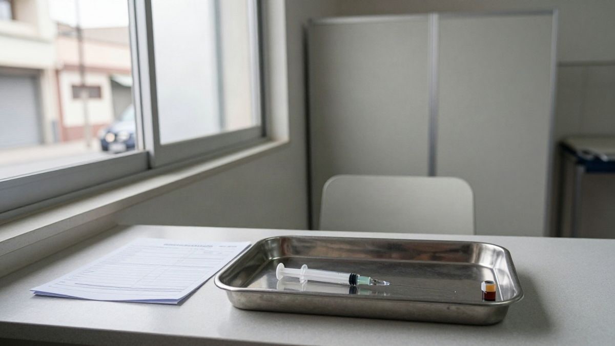 Imagen ilustrativa: interior de una consulta con una bandeja de vacunación y una silla