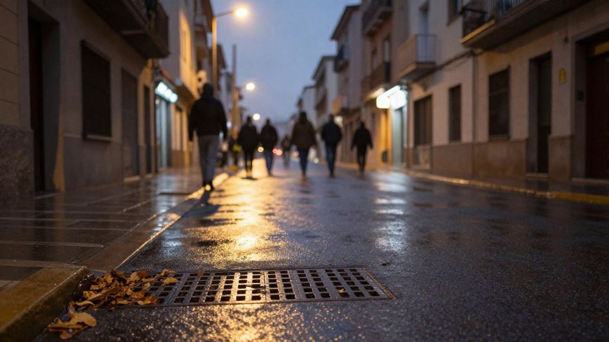 Imagen ilustrativa: calle de Barcelona de noche con lluvia, farolas encendidas y un imbornal parcialmente cubierto de hojas.