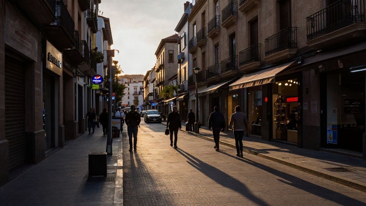 Imagen ilustrativa: siluetas y sombras largas en una calle comercial al atardecer