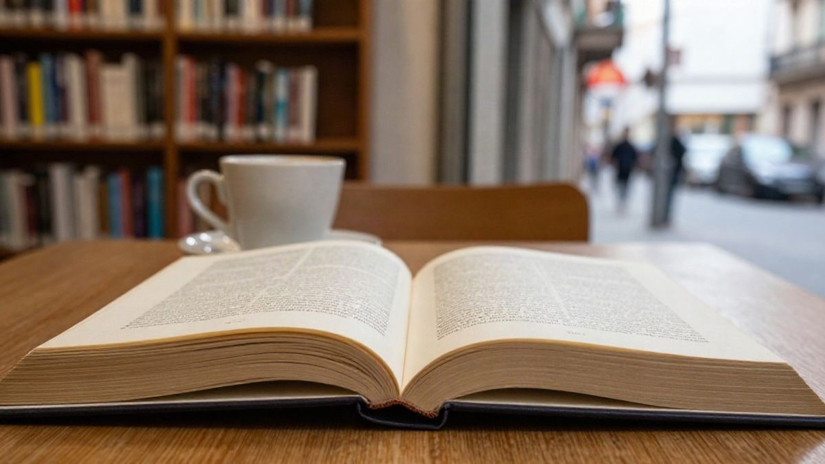 Imagen ilustrativa: un libro abierto y una taza de café sobre una mesa de madera en una biblioteca