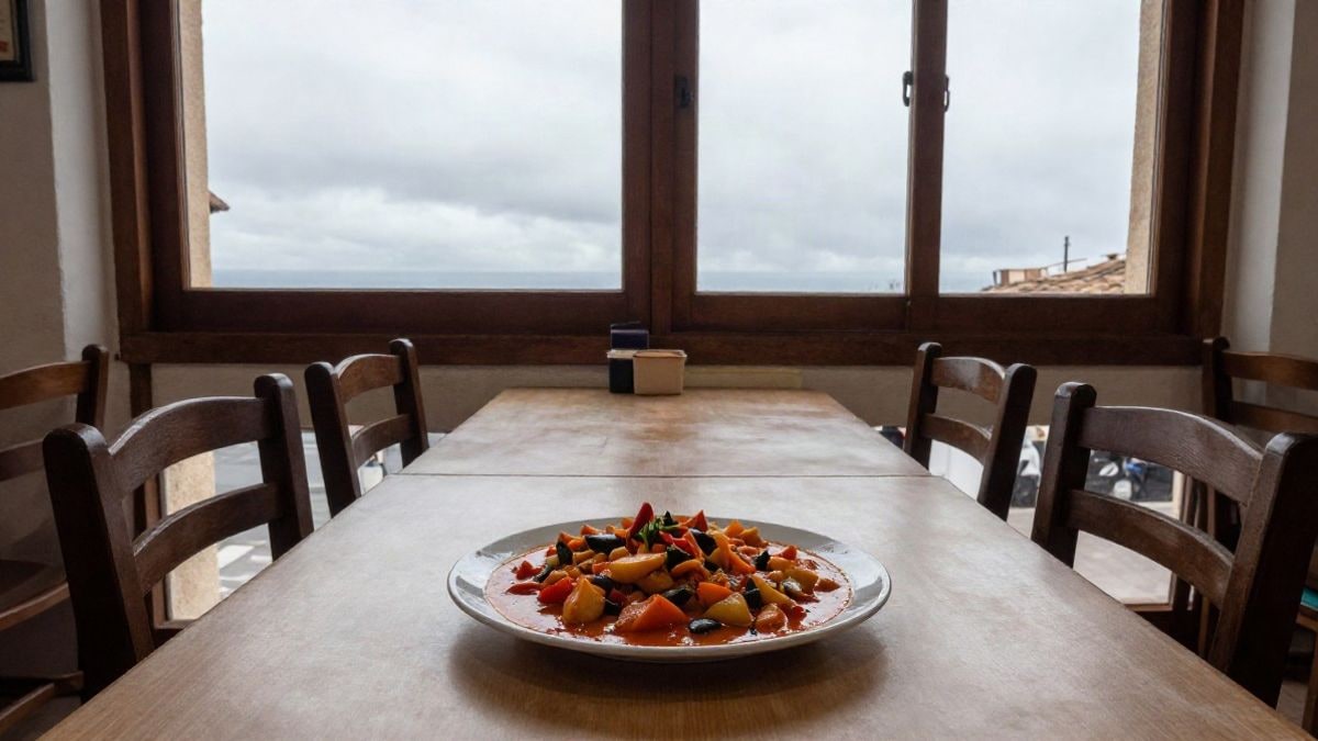 Imagen ilustrativa: mesa de restaurante con un plato de verduras guisadas y sillas vacías junto a una ventana