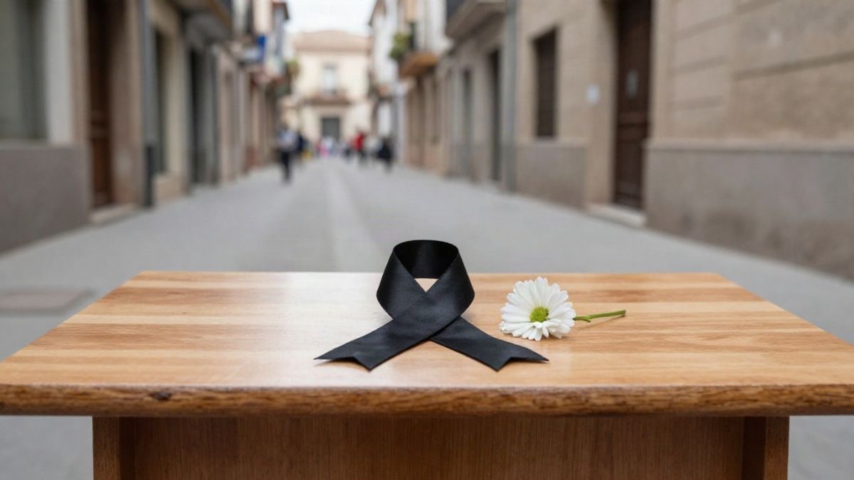 Imagen ilustrativa: detalle de un lazo negro y una flor blanca sobre una mesa de madera en un edificio institucional