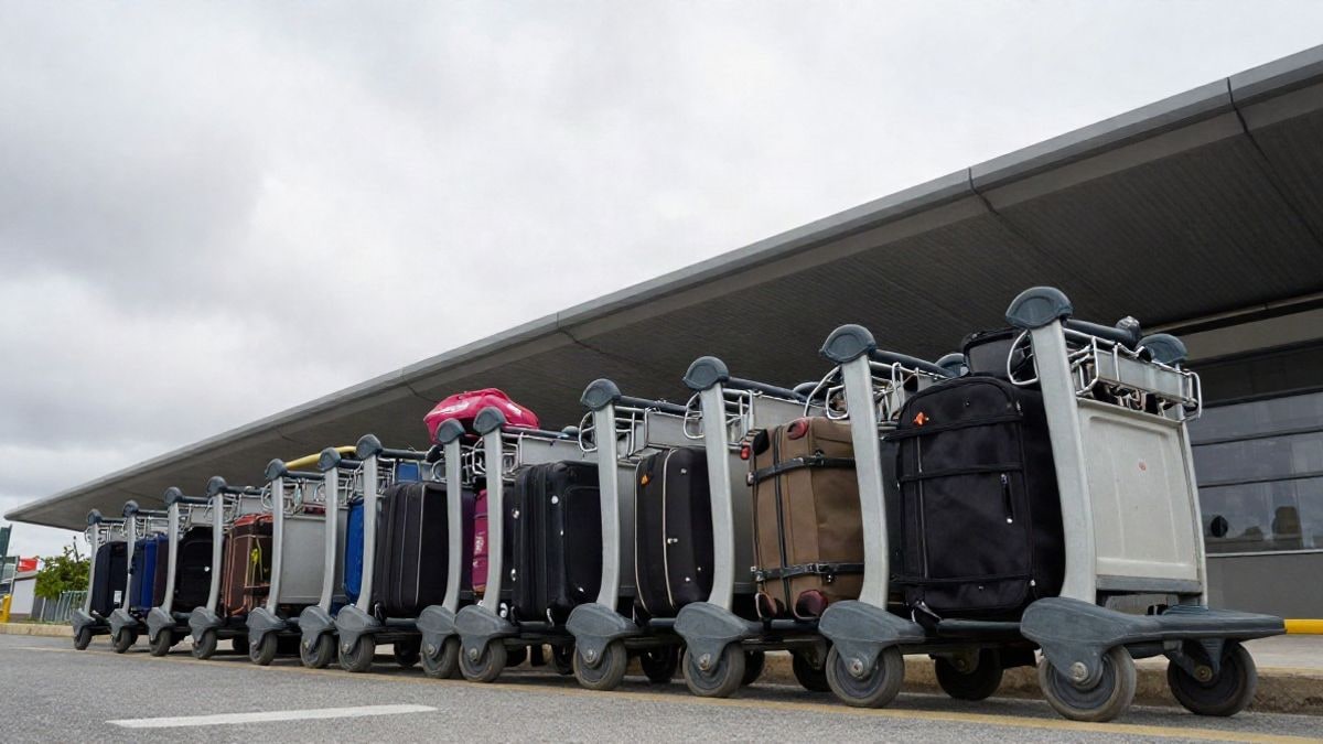 Imagen ilustrativa: carritos de equipaje con maletas en una zona exterior de un aeropuerto genérico