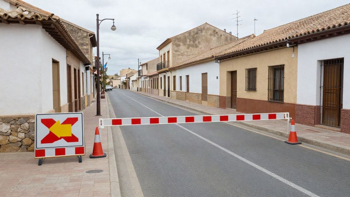 Imagen ilustrativa: calle cortada al tráfico con conos y una valla municipal en un pueblo español.