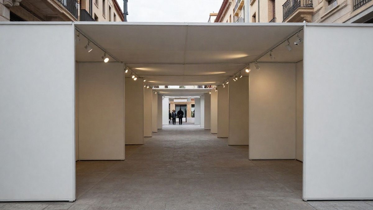 Imagen ilustrativa: sala de exposiciones con paneles vacíos y focos en el techo