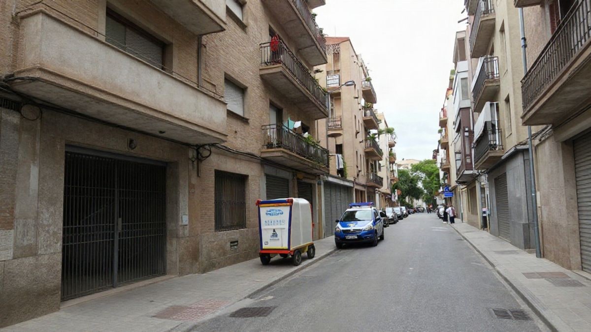 Imagen ilustrativa: calle residencial con un edificio de viviendas y un coche de policía aparcado, bajo un cielo nublado.