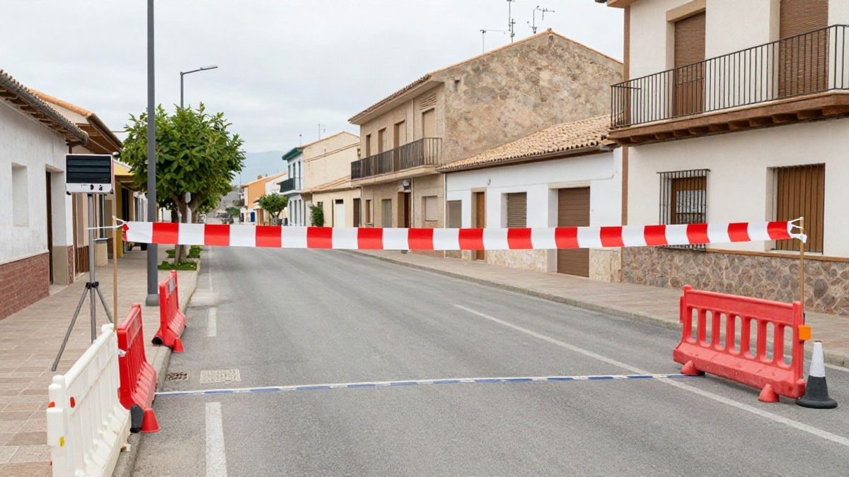 Imagen ilustrativa: línea de meta con pancarta a cuadros en una calle vacía de un pueblo español