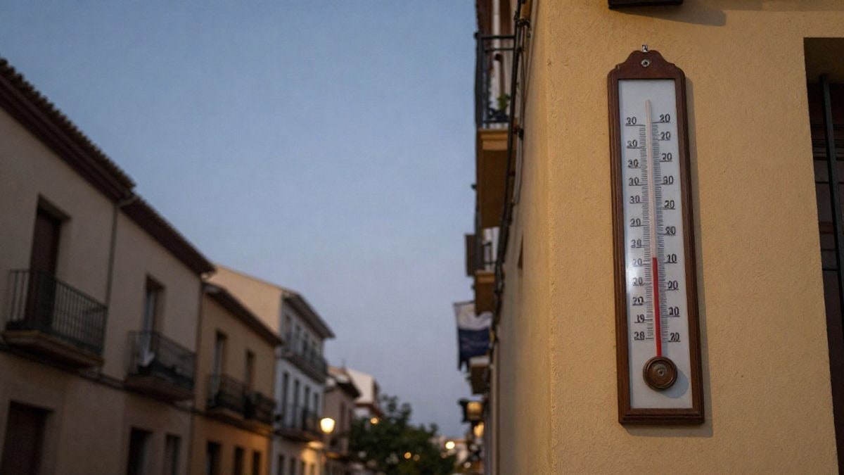 Imagen ilustrativa: un termómetro de pared en una calle nocturna, con cielo despejado y luz de farola, sin personas ni textos legibles.