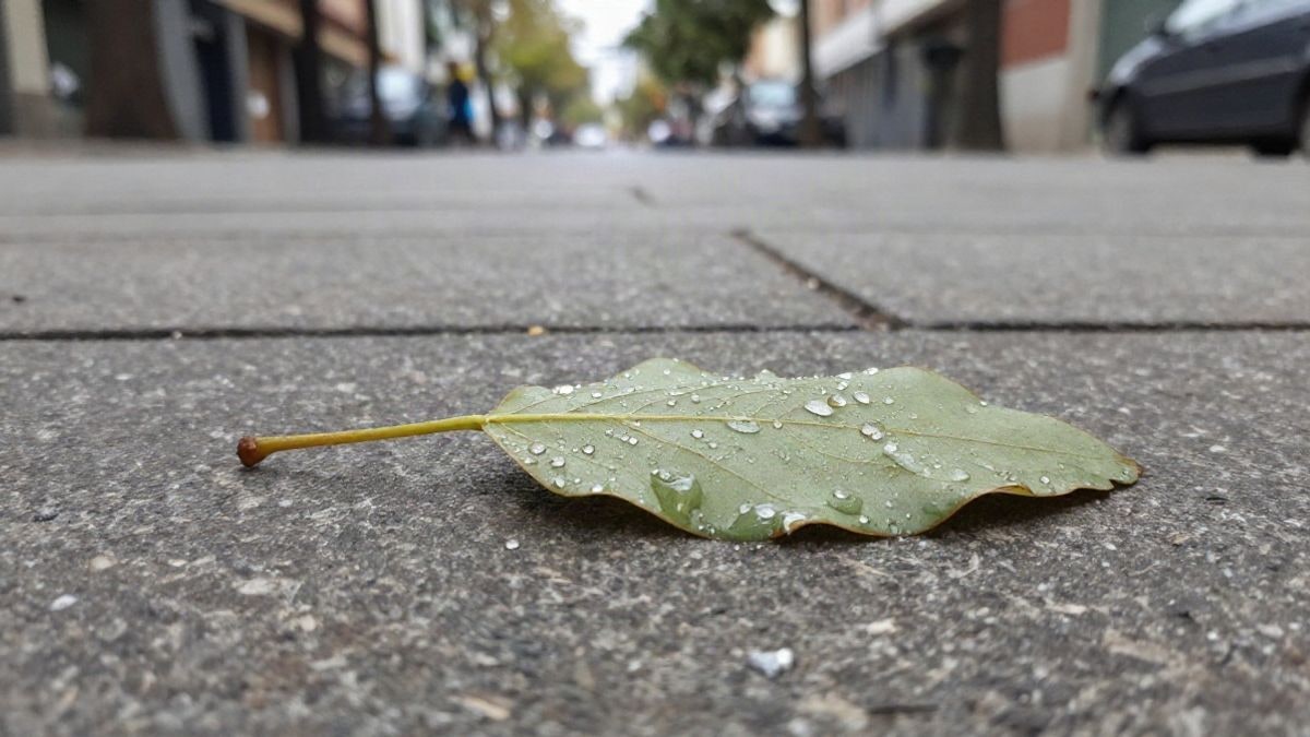 Imagen ilustrativa: primer plano macro de una hoja con gotas de agua sobre una superficie de piedra en un parque
