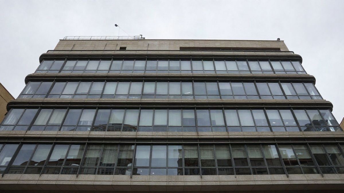 Imagen ilustrativa: ángulo bajo de la fachada de un edificio moderno de oficinas con cielo de fondo