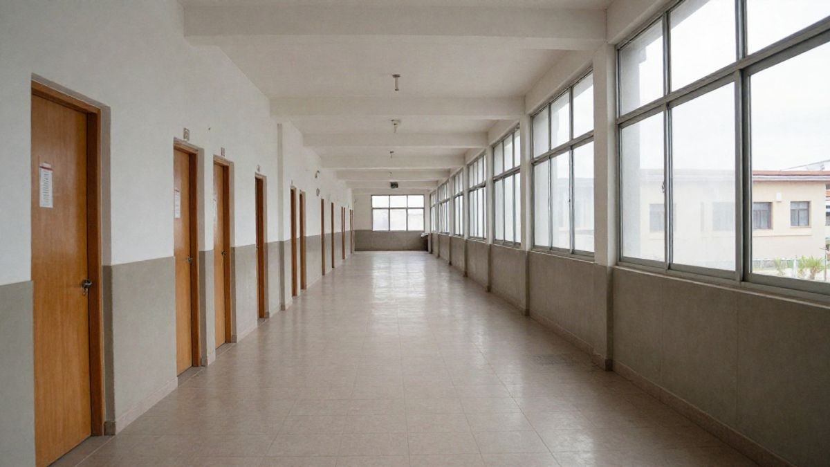 Imagen ilustrativa: pasillo vacío de un edificio escolar con puertas de aulas y ventanas altas, con líneas que convergen