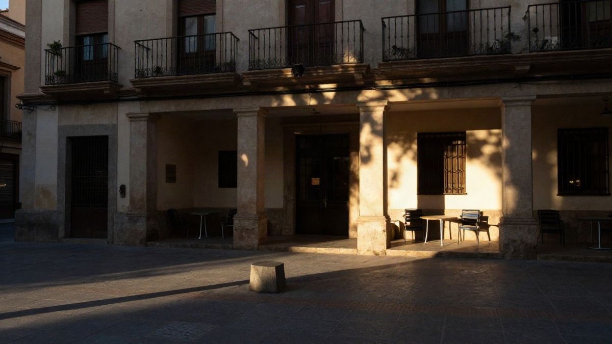 Imagen ilustrativa: contraluz al atardecer en un patio interior de un edificio consistorial con sillas y un atril vacíos