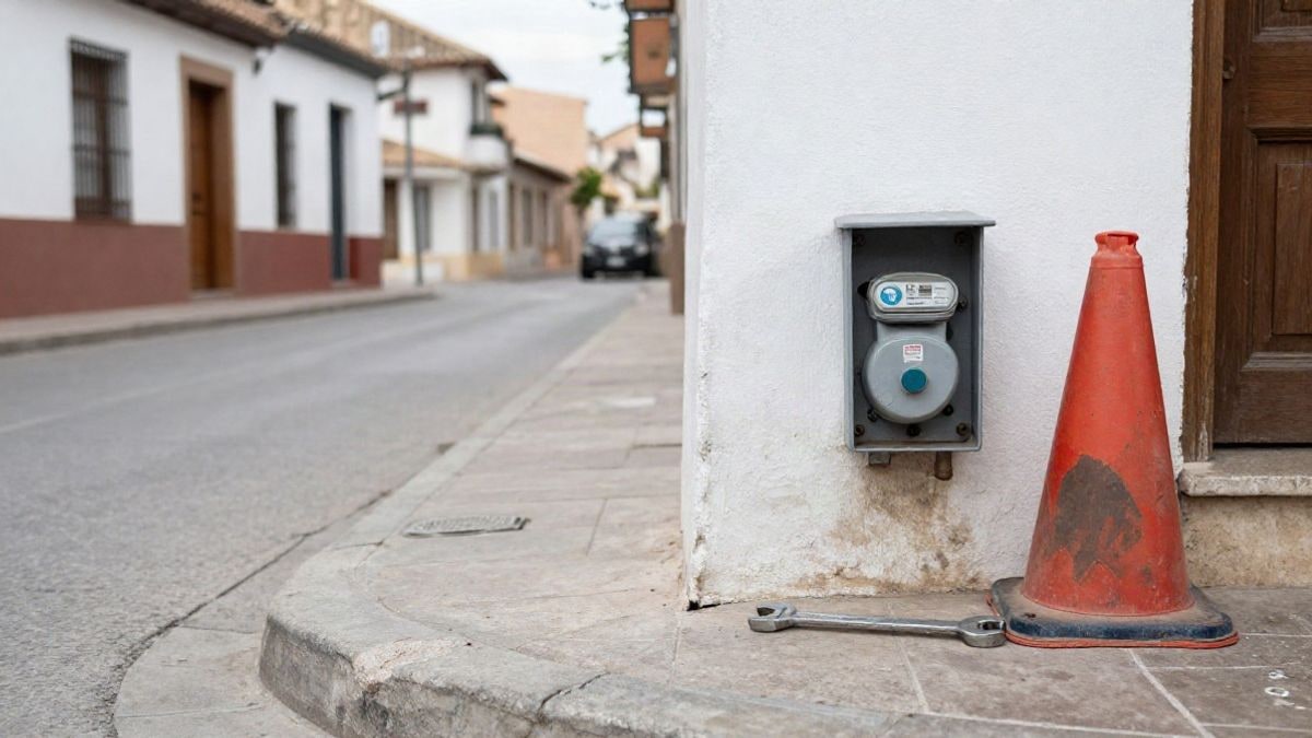 Imagen ilustrativa: una caja de contador de agua abierta en una acera con un cono de obra al lado, en una calle residencial.