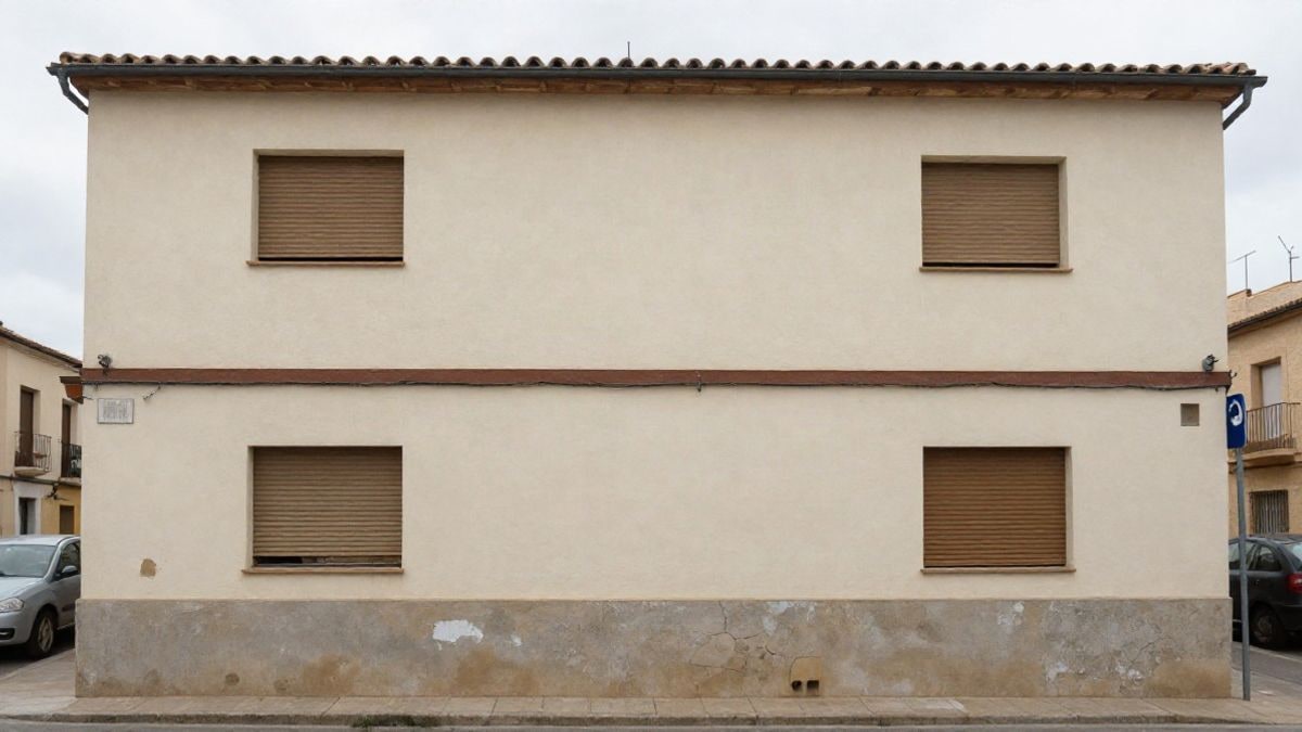 Imagen ilustrativa: fachada lateral de un bloque de viviendas con manchas de humedad en una calle corriente, a pie de calle
