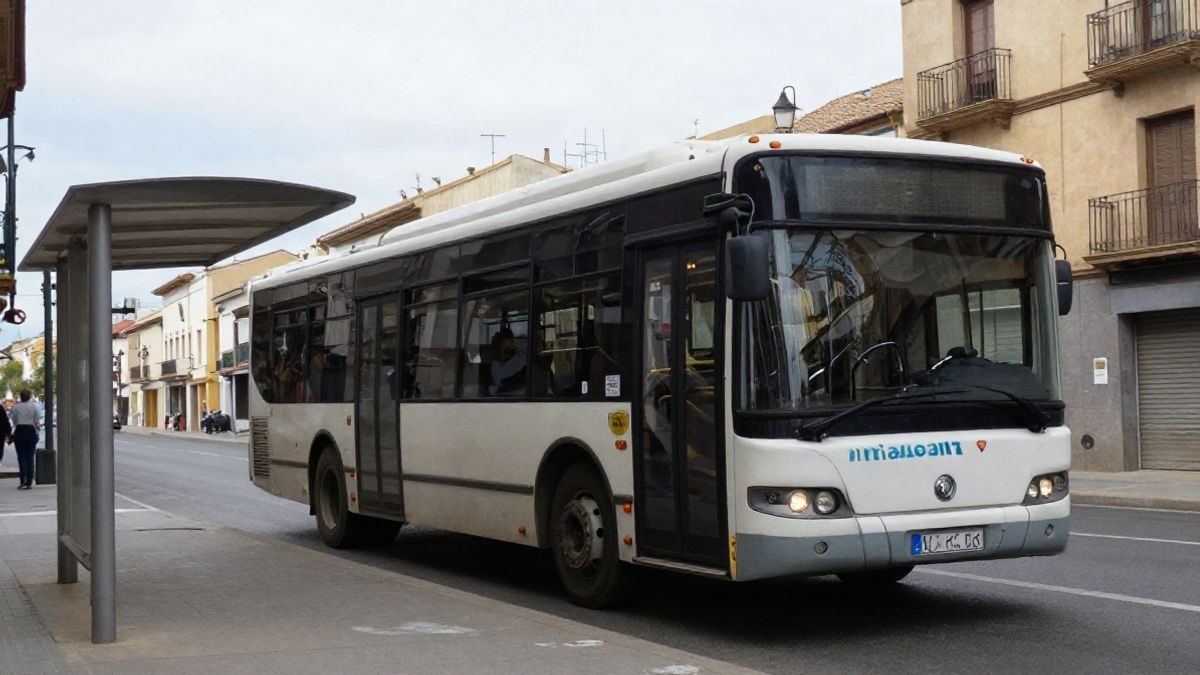 Imagen ilustrativa: autobús urbano en una parada de una calle española, con cielo nublado de fondo.