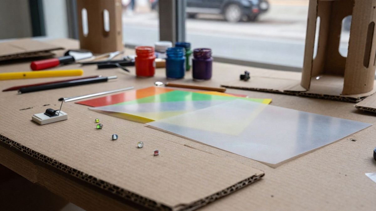 Imagen ilustrativa: detalle de materiales de manualidades como cartón, papel translúcido y diodos LED sobre una mesa de taller