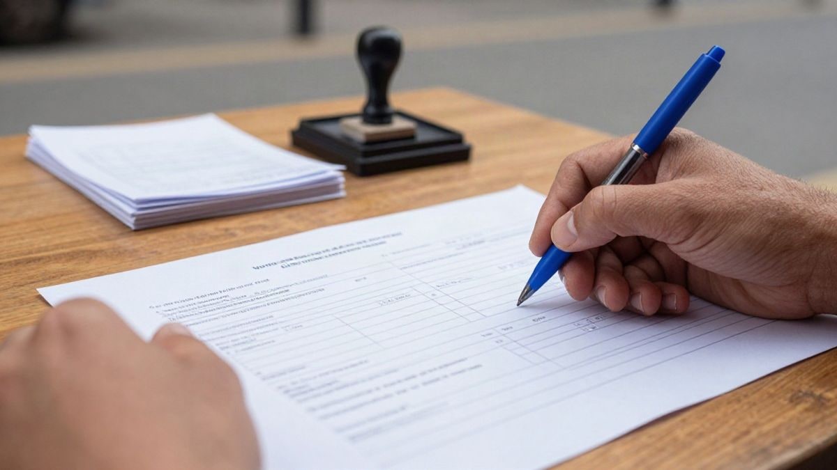 Imagen ilustrativa: una mano sostiene un bolígrafo sobre un formulario de inscripción electoral en una mesa