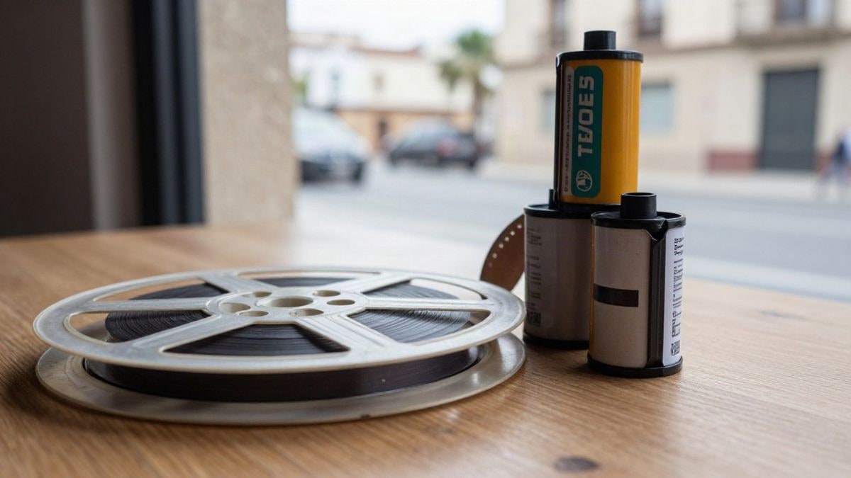 Imagen ilustrativa: primer plano de una bobina de película y latas de film en una mesa de madera