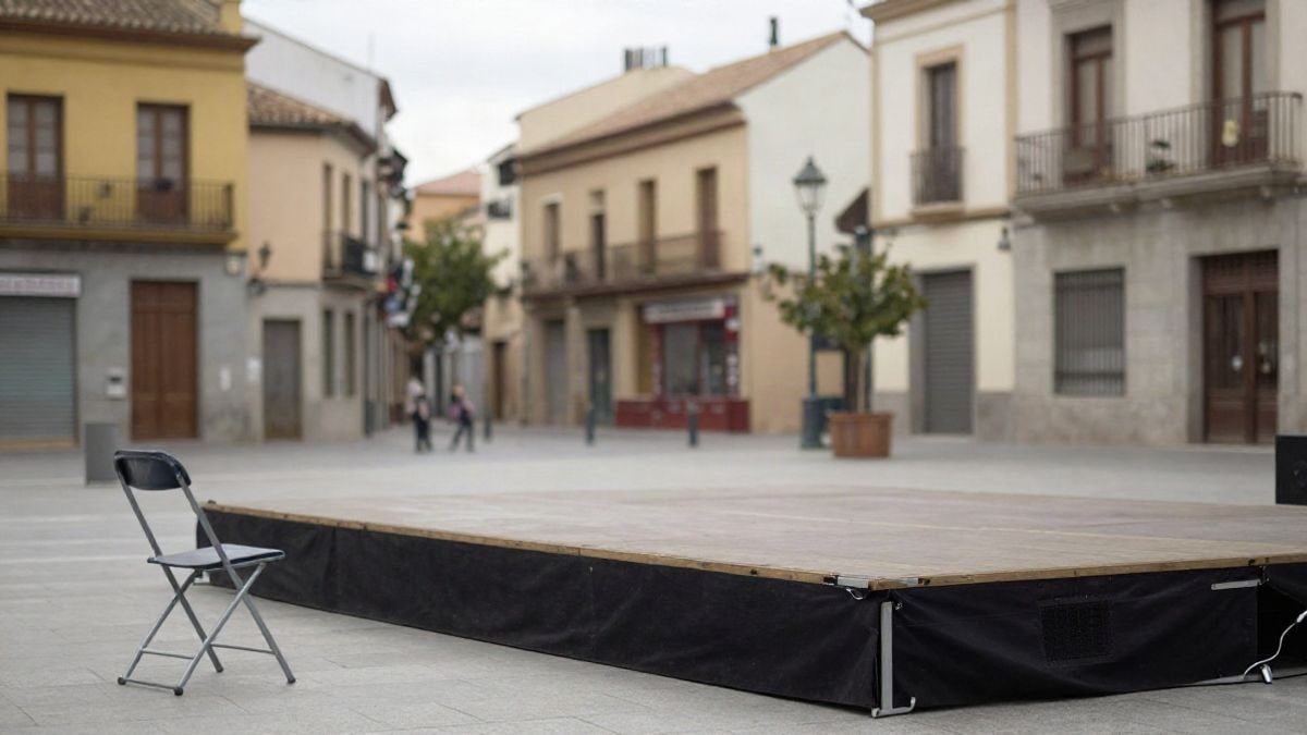 Imagen ilustrativa: escenario al aire libre en una plaza con sillas plegadas, sin público