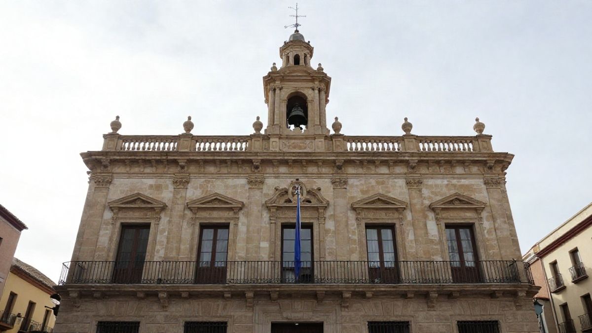 Imagen ilustrativa: ángulo bajo de una fachada municipal genérica con cielo despejado al fondo