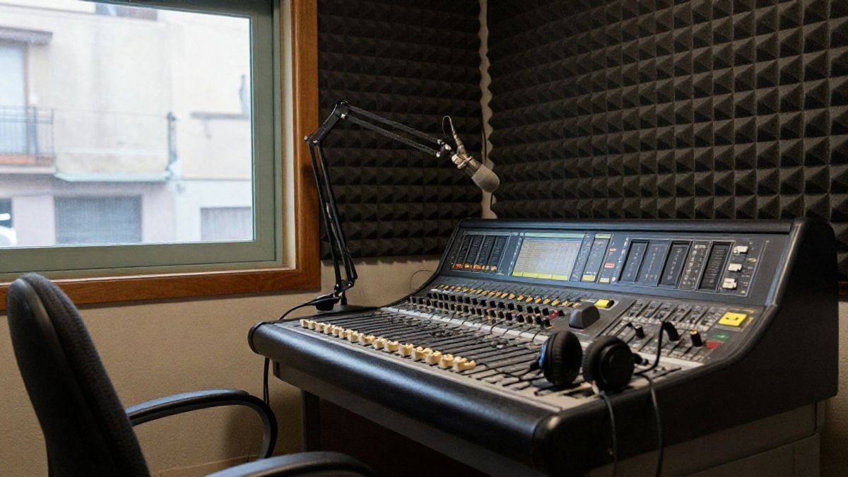 Imagen ilustrativa: mesa de mezclas y micrófono en un estudio de radio genérico