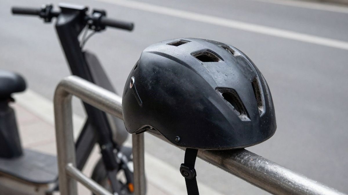 Imagen ilustrativa: primer plano de un casco de bicicleta sobre una barandilla junto a un patinete eléctrico aparcado en una acera