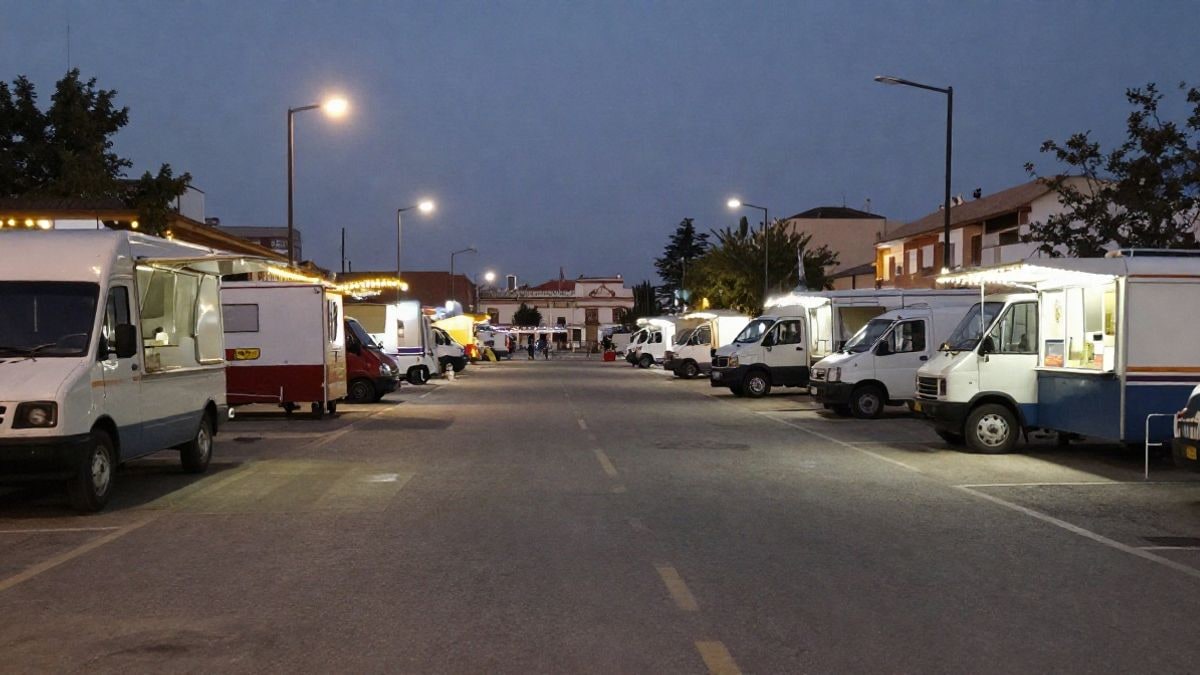 Imagen ilustrativa: recinto ferial al aire libre de noche con food trucks y luces artificiales