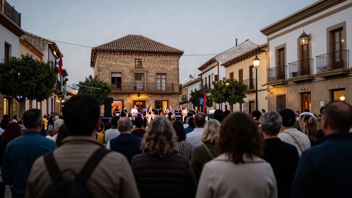 Imagen ilustrativa: plaza de un pueblo con luces de fiesta y público de espaldas